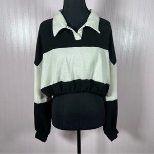 Cider‎ long sleeve striped cropped shirt large drawstring casual women black